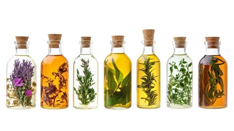 Vibrant collection of vintage glass bottles fresh oils and herbs for ...