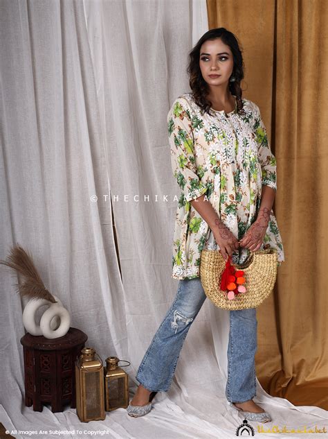 Green Cotton Printed Chikankari Tunic Top