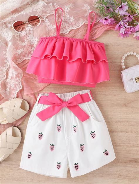 Girls Ruffle Trim Cami Top & Strawberry Print Shorts | SHEIN USA