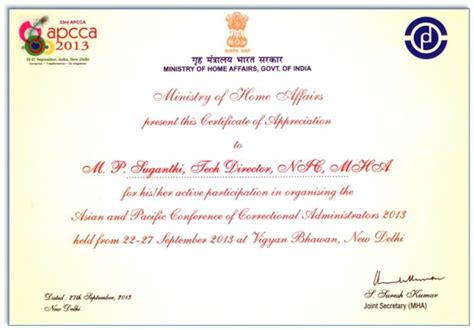 Certificate of Appreciation to NIC Technical Director Ms. M. P ...