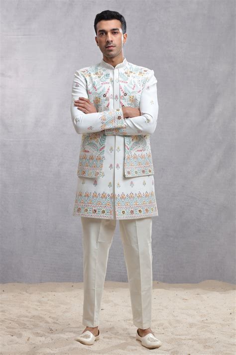 Buy Ivory Raw Silk Indo Western with Thread Work & Mirror | Shreeman