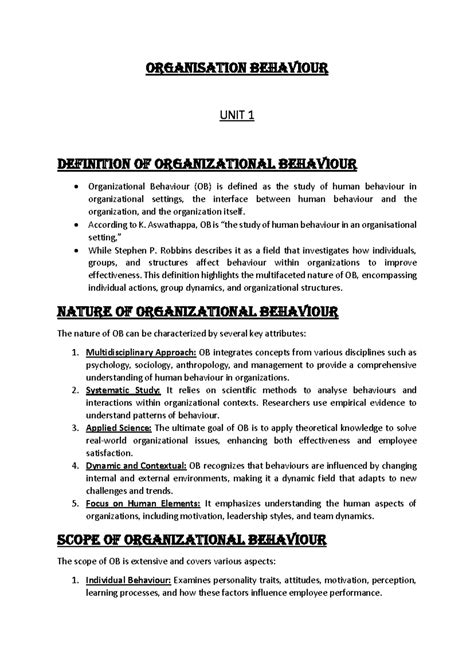Organisation Behaviour - UNIT 1 AND 2 - ORGANISATION BEHAVIOUR UNIT 1 ...