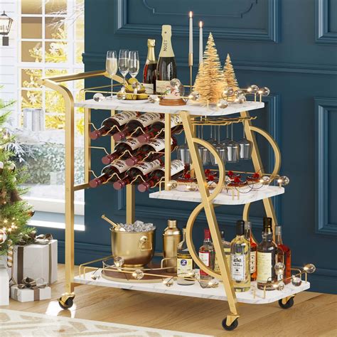 Amazon.com - LORMITER Gold Bar Carts with 3 Tier Glass Shelves, Rolling ...