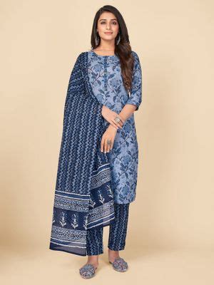 Buy Vbuyz Printed & Embroidered Cotton Blue Kurta Pant With Dupatta ...