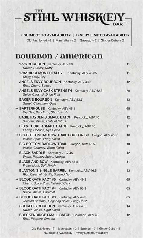 Menu at The Stihl Whiskey Bar, Bend