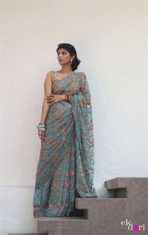 Buy Designer Net Saree : Powder Blue Floral Red Net Saree – Ek Dori