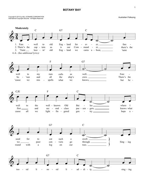 Botany Bay by Australian Folksong Sheet Music for Easy Lead Sheet ...
