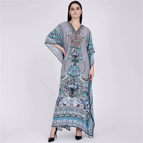 Grey and Blue Embellished Silk Full Length Kaftan – First Resort by ...