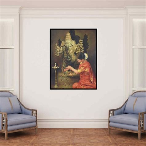 "Ganesha Devotion": Orange Red Oil Painting by Kamal Rao – ArtZolo.com