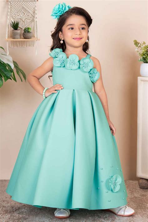 Sea Green Sleeveless With Floral Embellishment And Pearl Gown For Girl ...