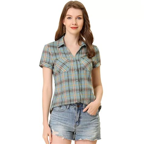 Women's Boyfriend Button Front Short Sleeves Plaid Shirt