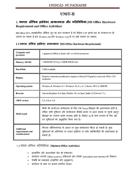 1 Pgdca 2 Unit II PC Packages - UNIT-II 1. एमएस ऑफपस हार्डवेयर आवश्यकता ...