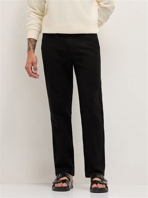 Shop Black Textured Straight Fit Casual Trousers with an Elasticated ...