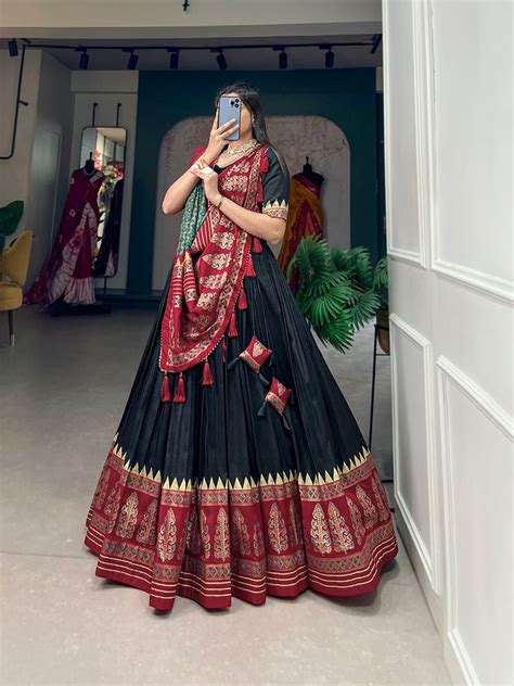 Black Color Printed Tussar Silk Lehenga Choli
