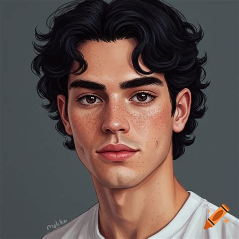 Male with black wavy hair, brown eyes, freckles, and bushy eyebrows on ...
