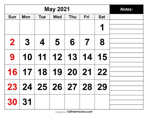 Free Download 2021 May Calendar with Notes