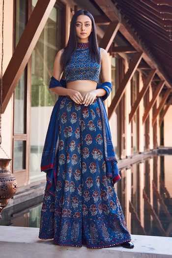 Buy Blue Satin Ajrakh Print Pant And Crop Top Set For Women by Payal ...