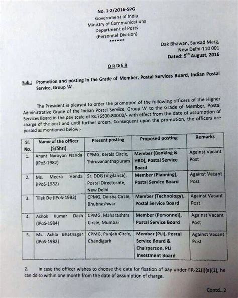 Promotion and posting in the Grade of Member, Postal Services Board ...