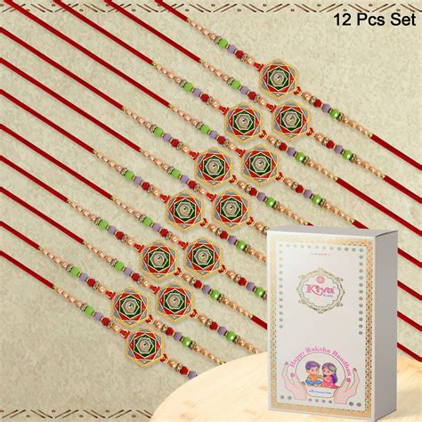 Set of 12 Hexagon Motif Rakhis with Multicolor Enamel Design, Center S