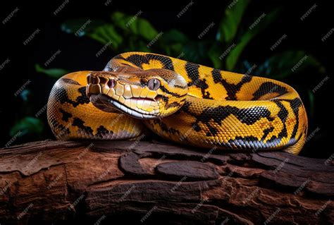 Premium Photo | An african ball python on a branch of wood in the style of intense emotional ...