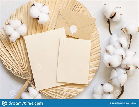 Blank Cards and Envelope on Dried Palm Leaf with Cotton Flowers Top ...