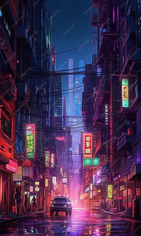 Digital art, wide angle, ambient haze street performer, neon signs, evening crowd, moody vibes 的图像结果