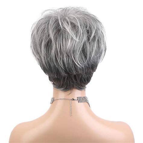 Wig for Women Synthetic Short Wig with Bangs Mixed Gray Hair High ...