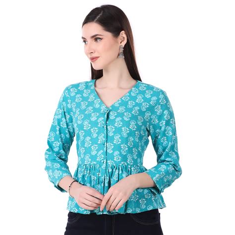 Buy Cotton Flare Turquoise Blue Shirt Style Tunic Top for Women and ...