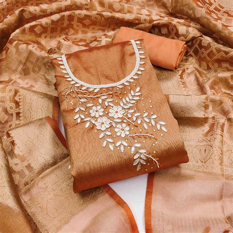 Rust Orange Floral Moti With Gota Patti Handwork Viscose Dress Materia
