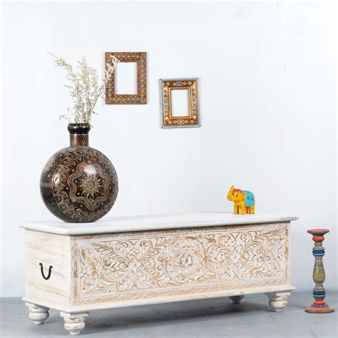 Wifo Wooden Carved Storage Coffee Table Trunk (White Distress) | Wooden ...