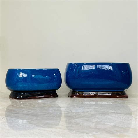 Glossy Blue Oval Ceramic Planter Set of 2 – Perfect for Indoor Plants ...