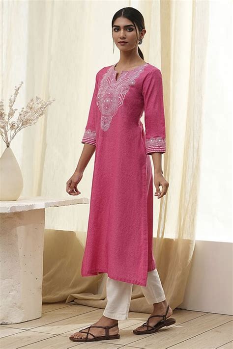 Buy Pink Pure Cotton Printed Straight Kurta Online at Biba India