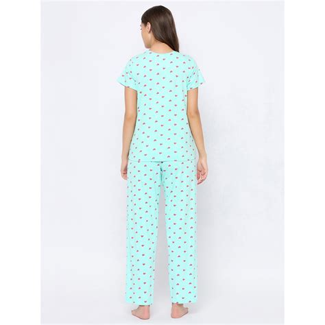 Buy Clovia Pretty Printed Top & Pyjama Set - 100 Percent Cotton -Blue ...