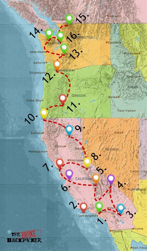 Map of West Coast USA Road Trip