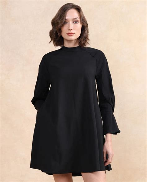 Rareism Women's Cayman Black Cotton Blend High Neck Plain Fashion Slee