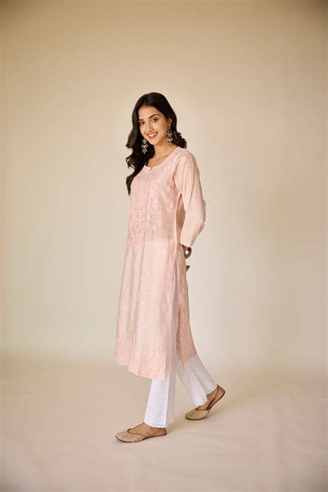 Zubaida Blush Pink Chanderi Hand Embroidered Chikankari Kurta