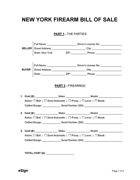 Free New York Firearm Bill of Sale Form | PDF | Word