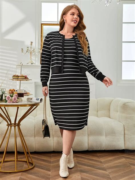 SHEIN LUNE Plus Striped Split Hem Tank Dress & Jacket | SHEIN USA