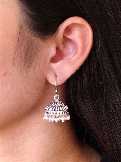 Classic Oxidised Silver Jhumka Earrings with Pearl Drop – Vintage ...