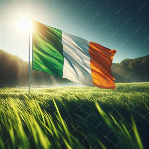 A green white and orange flag is in a field with the sun behind it ...