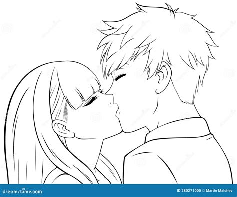 Anime Boy and Girl Kissing Line Art Stock Vector - Illustration of ...