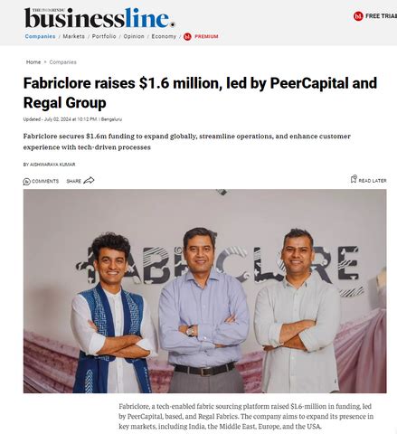 Fabriclore Raises $1.6 Million Led by PeerCapital and Regal Group