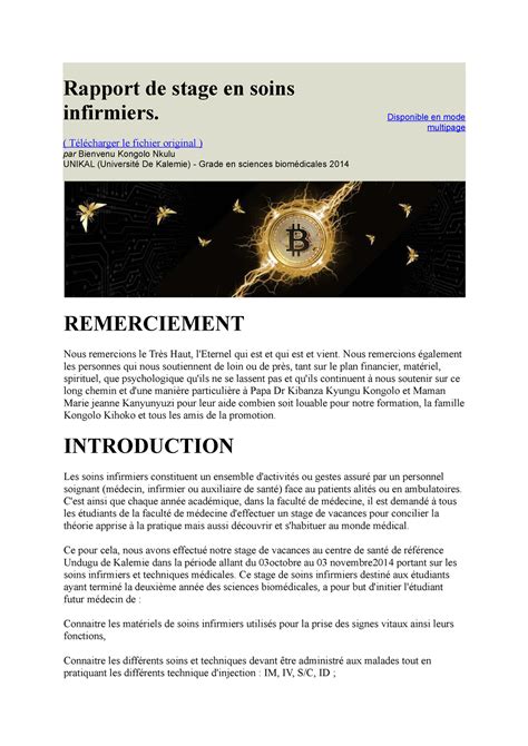 Rapport de stage en soins infirmiers - ( Télécharger le fichier original ) par Bienvenu Kongolo ...