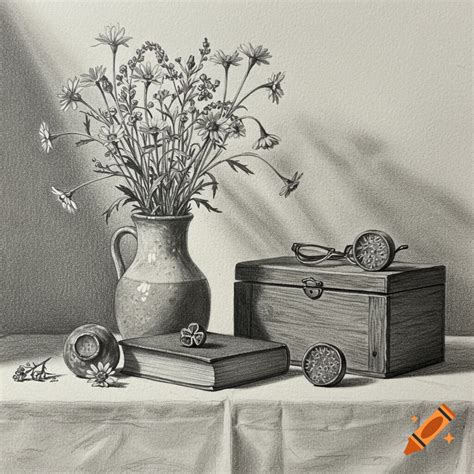 A realistic graphite pencil drawing of a still life featuring a ballet ...