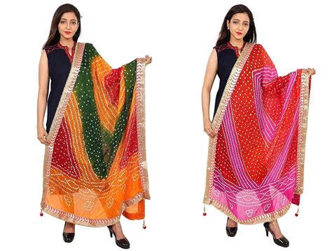 Buy Kalpit Creations Women Silk Bandhej Multi-Colored Heavy Dupatta ...