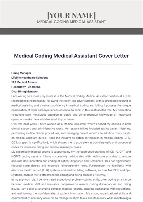 Free Medical Coding Medical Assistant Cover Letter Template to Edit Online