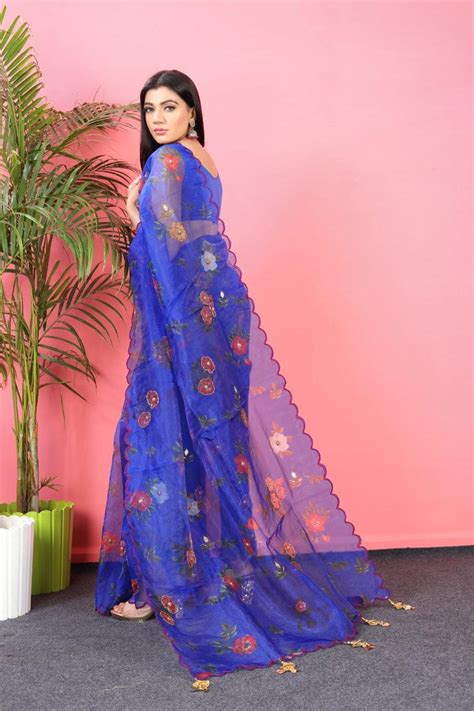Orgenza || Mk Hit Blue Color Pure Organza Silk Saree With Cutwork ...