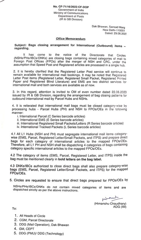 International Outbound Mail Bag Closing Guidelines - Department of Posts