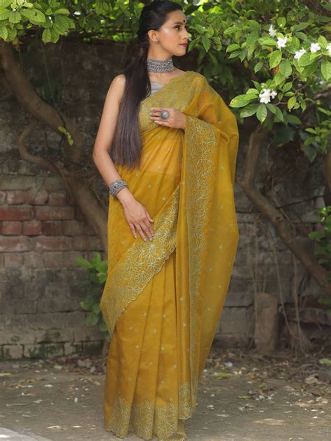 Banarasee Handwoven Organza Silk Floral Embroidered Saree-Olive Green