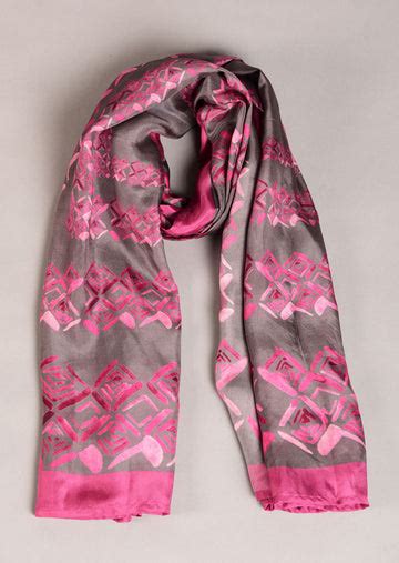 Grey And Rose Pink Colour Story Geometric Printed Pure Silk Scarf ...